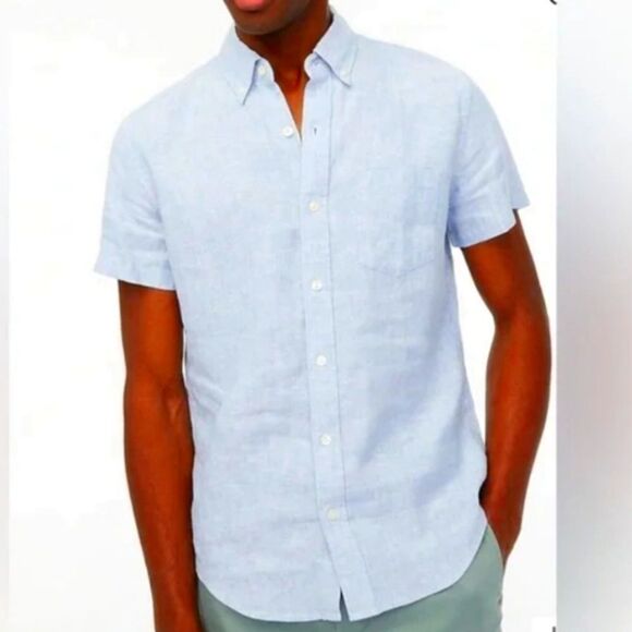 J crew Factory blue summer short sleeve linen blend shirt large L Slim - Picture 1 of 8